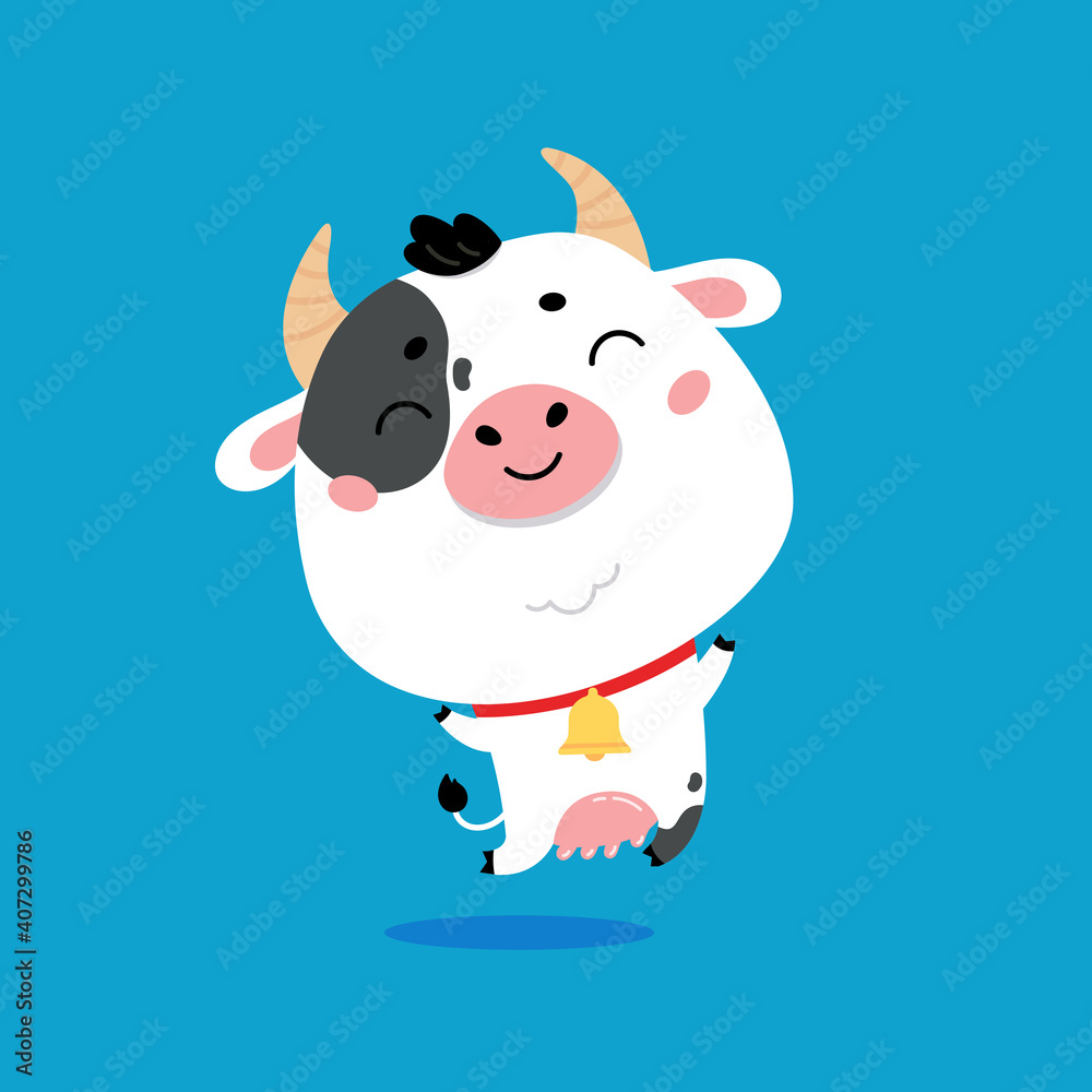 Fototapeta premium Cute cartoon farm milk animal character on blue background. Vector funny mascot. Vector Illustration of farm cow for printing on products and packaging containing milk in simple children's style.