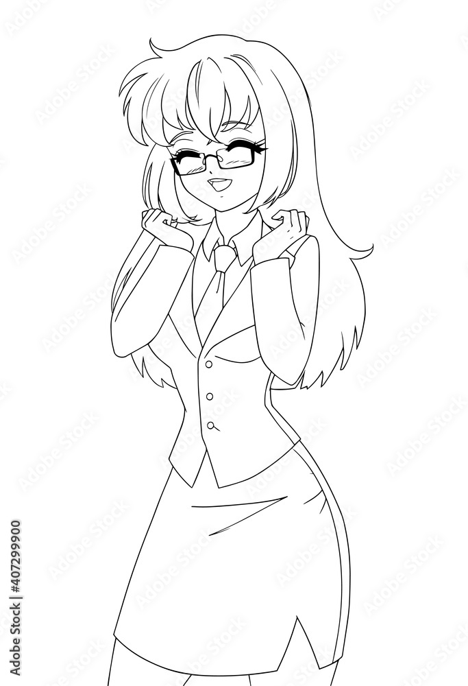 Cute anime manga girl wearing office suit isolated on white background. Cute anime manga girl wearing office suit isolated on white background.