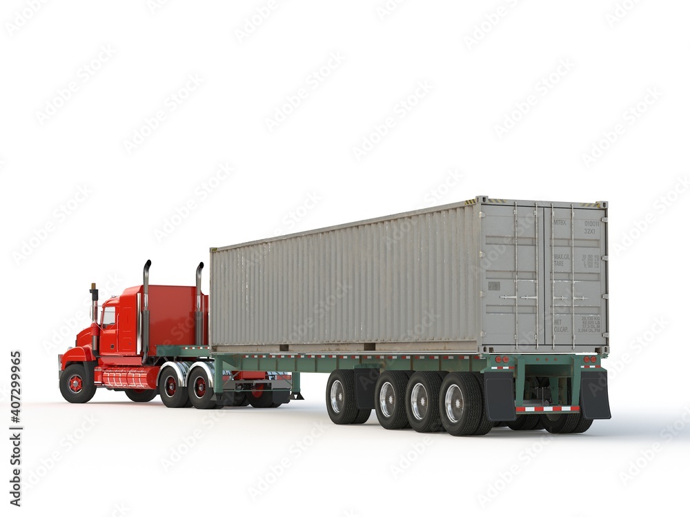 Red american truck with container isolated on white background. Back View. 3d render photo realistic.