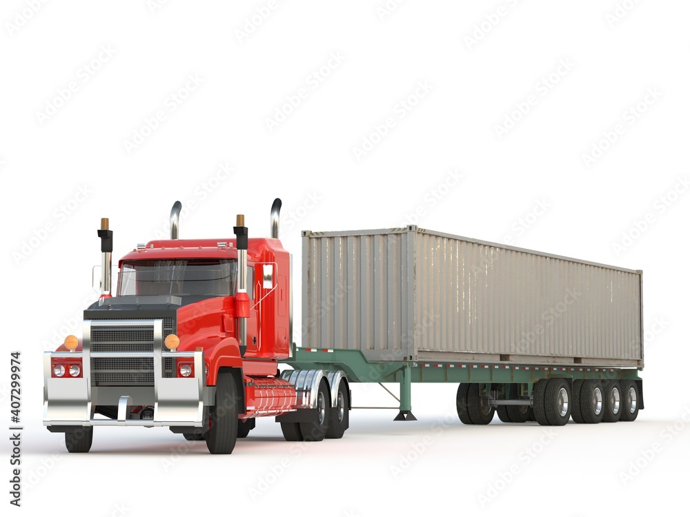 Red american truck with container isolated on white background. Front View. 3d render photo realistic. Red american truck with container isolated on white background. Front View. 3d render photo realistic.