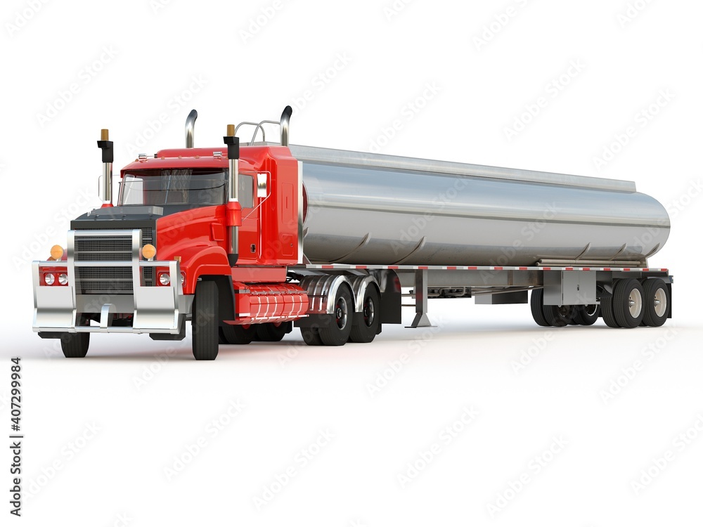 Red american truck with tank isolated on white background. Front View. 3d render photo realistic.