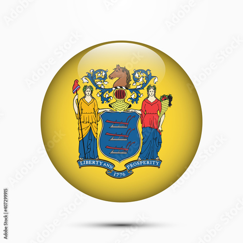 New Jersey flag vector circle shape button. Clear circle isolated New Jersey flag background button. Transparent glossy glass button. Vector Illustration