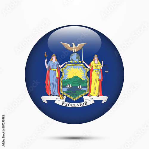 New York flag vector circle shape button. Clear circle isolated New York flag background button. Transparent glossy glass button. Vector Illustration