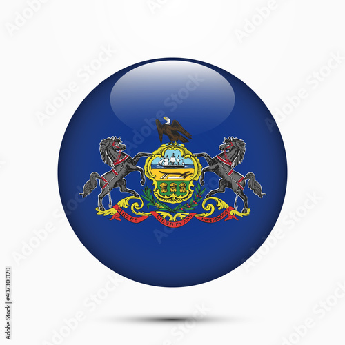 Pennsylvania flag vector circle shape button. Clear circle isolated Pennsylvania flag background button. Transparent glossy glass button. Vector Illustration