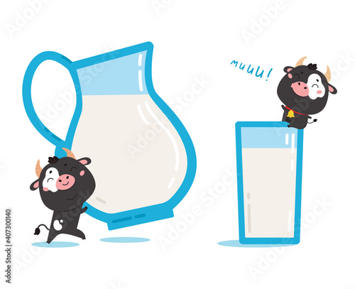 Illustration of farm cows with milk jug and glass. Cute cartoon animal character on white background. Vector funny mascot for printing on products and packaging containing milk in simple style. photo