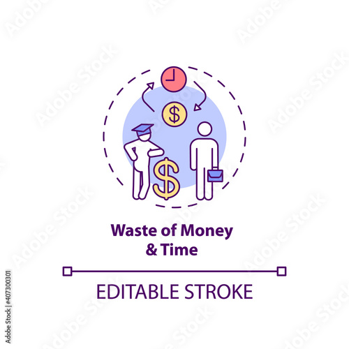 Money and time wasting concept icon. Staff training disadvantage idea thin line illustration. Shortening learning curve. Budget investment. Vector isolated outline RGB color drawing. Editable stroke