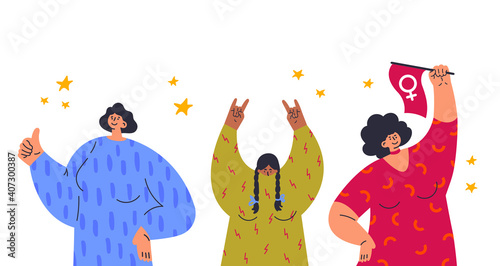Set of different women. Women show different gestures. Feminism concept. Woman empowerment. Flat vector illustration. Colorful cartoon characters design.