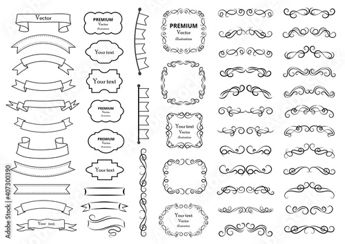 Calligraphic design elements . Decorative swirls or scrolls, vintage frames , flourishes, labels and dividers. Ribbon elements. Retro vector illustration