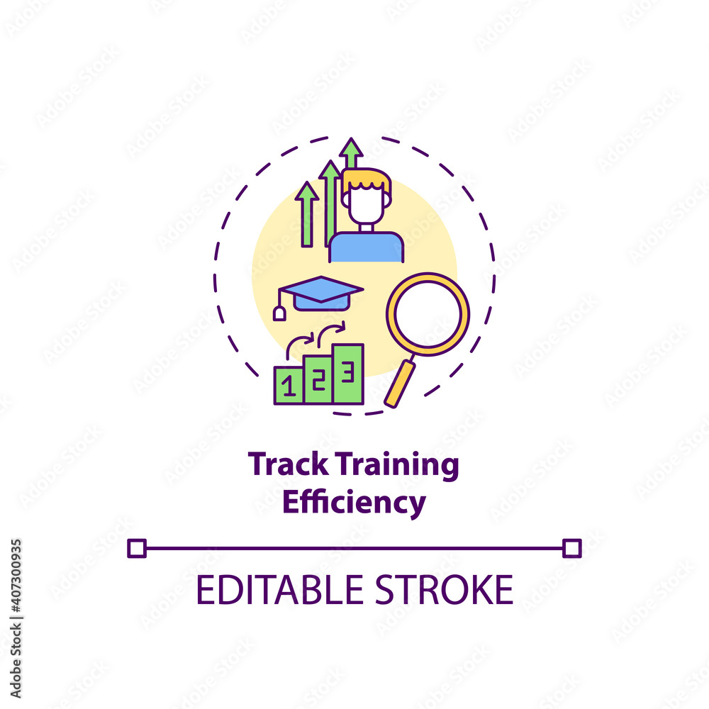 Tracking training efficiency concept icon. Staff reboarding tip idea thin line illustration. Monitoring performance. Daily checking. Vector isolated outline RGB color drawing. Editable stroke Tracking training efficiency concept icon. Staff reboarding tip idea thin line illustration. Monitoring performance. Daily checking. Vector isolated outline RGB color drawing. Editable stroke