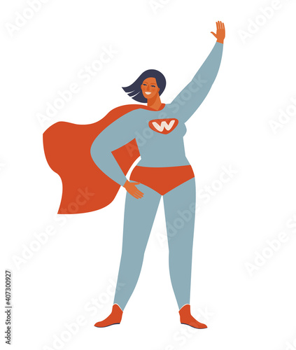 Superhero woman character. Wonderful female hero character in superhero costume with waving cape disguise. female in muscular pose, game figure. Super girl cartoon vector isolated.