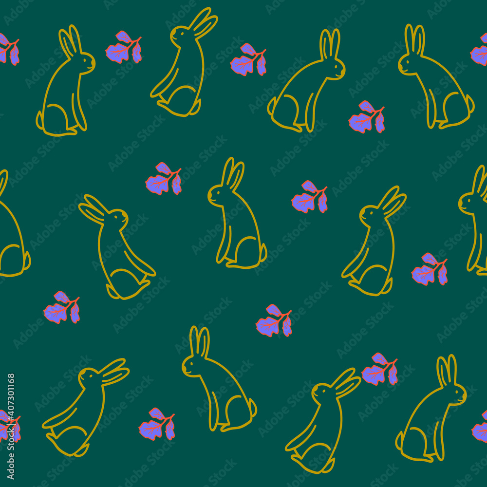 Seamless pattern with cute hand drawn rabbit and leaves in doodle style,vintage illustration with bunny,print for wrapping paper,wallpaper,textile,fabric or interior design,bookend in simple style Seamless pattern with cute hand drawn rabbit and leaves in doodle style,vintage illustration with bunny,print for wrapping paper,wallpaper,textile,fabric or interior design,bookend in simple style
