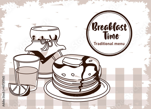breakfast time lettering in circular frame poster with orange juice and pancakes