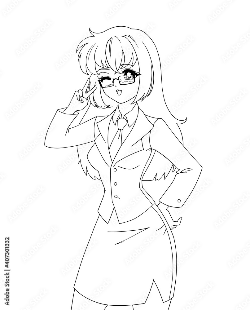 Cute anime manga girl wearing office suit isolated on white background. Cute anime manga girl wearing office suit isolated on white background.