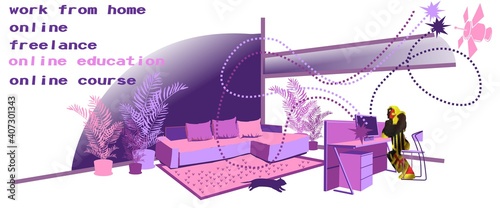 Working at home, coworking space, online education concept illustration. Silhouette of a man with a flag.  Man working on computers at home. Man at home in quarantine. Vector flat style illustration