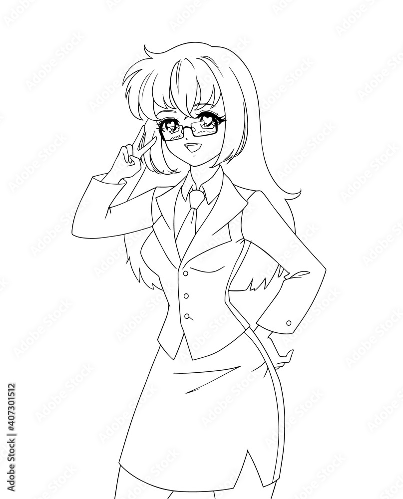 Cute anime manga girl wearing office suit isolated on white background. Cute anime manga girl wearing office suit isolated on white background.