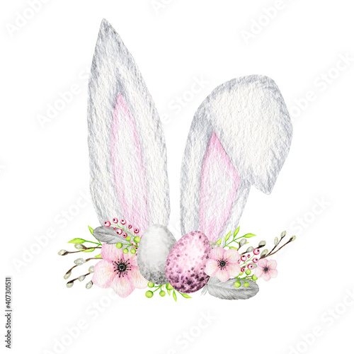 Watercolor Easter Bunny ears with floral crown and eggs isolated pink gray illustration on white background. Hand painted cartoon Spring Holidays Rabbit ears