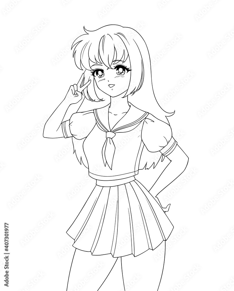 Cute anime manga girl wearing school uniform isolated on white background.