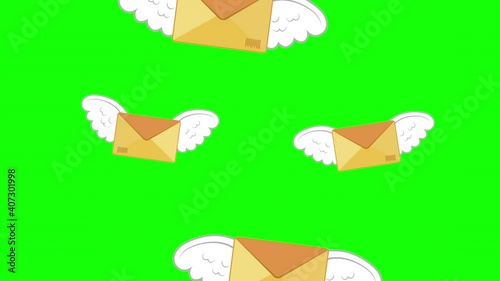 Vertical animation of paper envelopes with wings. Cartoon envelopes flaps its wings. Love message is being delivered. Template animated card for Valentines Day, Mother's Day, 8 march. Alpha Channel.4K