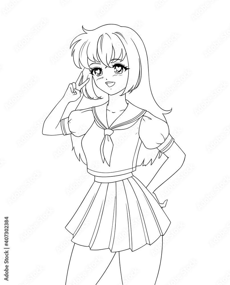 Cute anime manga girl wearing school uniform isolated on white background. Cute anime manga girl wearing school uniform isolated on white background.