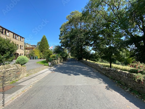 View along, Alderscholes Lane, with dry stone walls, flowers, old trees, and a blue sky in, Thornton, Bradford, UK
