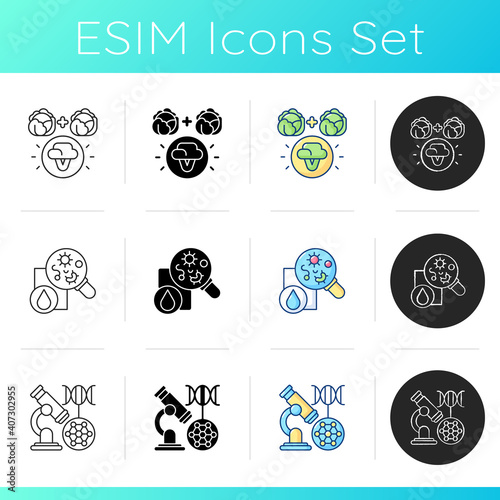 Microbiology icons set. Selective breeding. Microbiology experiment. DNA microarray. Biotechnology analysis. Laboratory examination. Linear, black and RGB color styles. Isolated vector illustrations