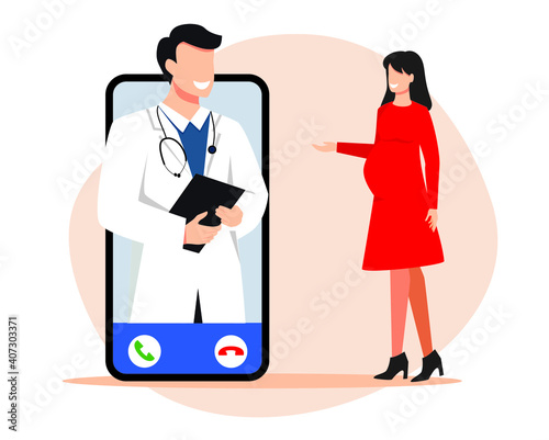 Pregnant, young woman, consults online by phone with a male doctor, gynecologist. Receiving patients online, using the app. Telemedicine.