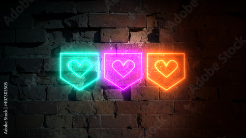  three neon glowing buttons with a heart for social networks on a brick wall. Neon Instagram like icon illustration.