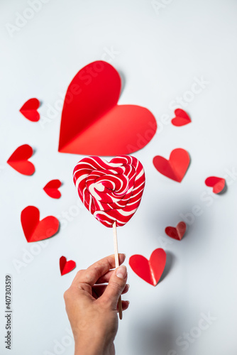 Red folded paper hearts isolated on white, Valentines Day background