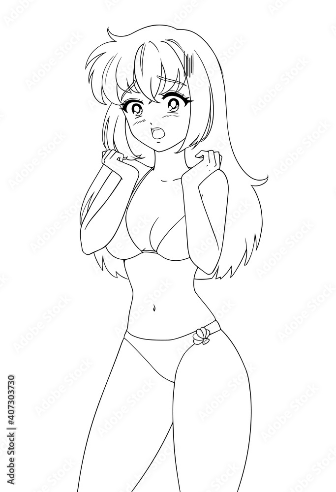 Cute anime manga girl wearing swimsuit bikini isolated on white background. Cute anime manga girl wearing swimsuit bikini isolated on white background.