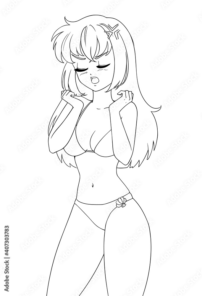 Cute anime manga girl wearing swimsuit bikini isolated on white background. Cute anime manga girl wearing swimsuit bikini isolated on white background.