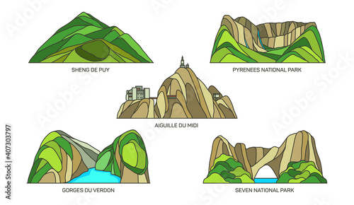 Set of France landmarks, landscape scenery, parks