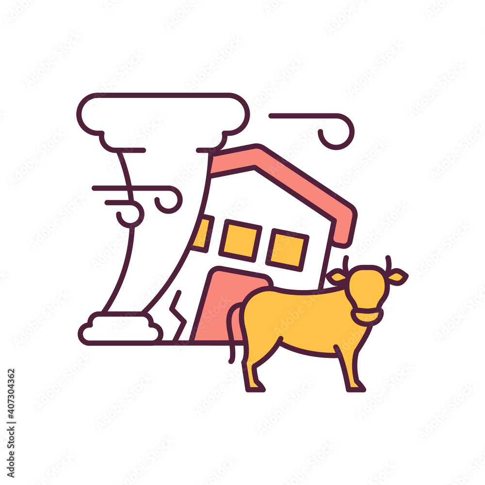 Climate change RGB color icon. Cattle on the background of an apartment building. Environmetal responsibility. Global warming impact. Environmental protection policy. Isolated vector illustration Climate change RGB color icon. Cattle on the background of an apartment building. Environmetal responsibility. Global warming impact. Environmental protection policy. Isolated vector illustration