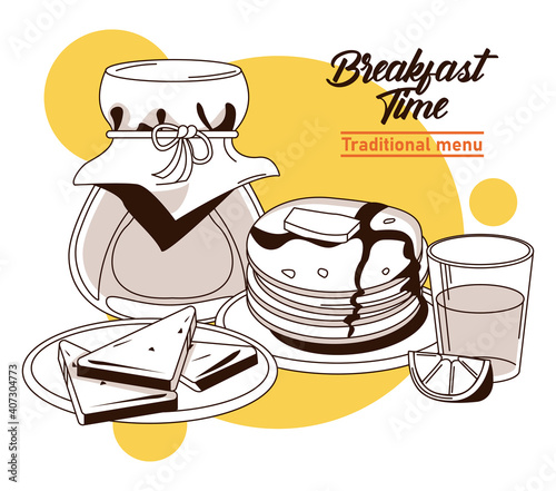 breakfast time lettering poster with sandwiches and ingredients
