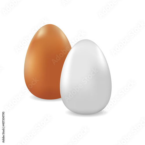 Two vector realistic chicken eggs. White and light brown eggs isolated on white background. Template for Easter and other projects.