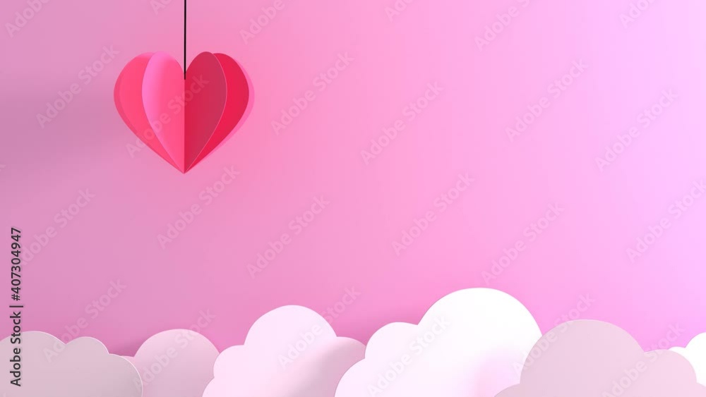 Une montgolfière en forme de cœur vole au-dessus des nuages qui défilent. Vidéo en boucle. Rendu 3D
