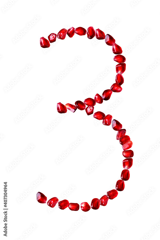 The font is composed of pomegranate seeds on a white isolated background. Number three. Numbers from 1 to 9. The font is composed of pomegranate seeds on a white isolated background. Number three. Numbers from 1 to 9.