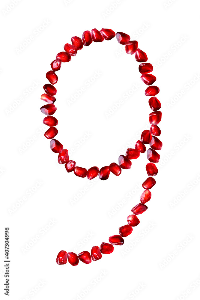 The font is composed of pomegranate seeds on a white isolated background. Number nine. Numbers from 1 to 9.