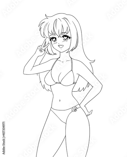 Cute anime manga girl wearing swimsuit bikini isolated on white background.