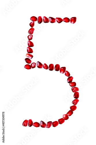 The font is composed of pomegranate seeds on a white isolated background. Number five. Numbers from 1 to 9.