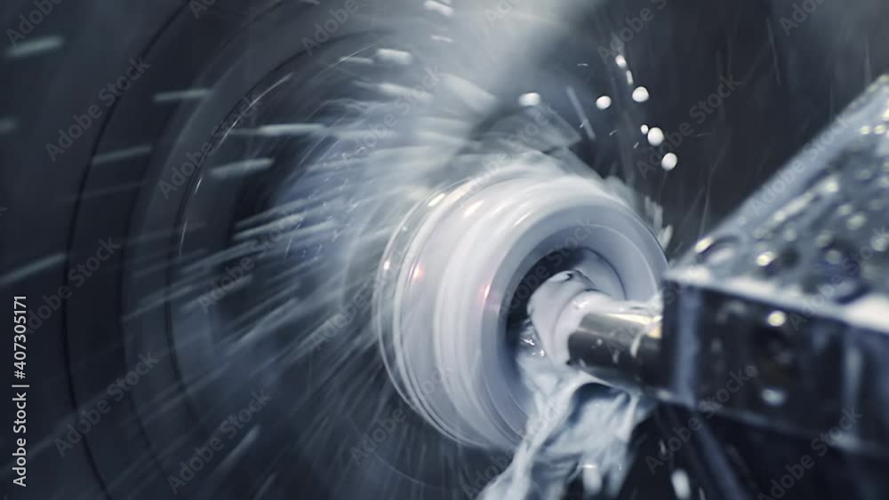 Slow motion. CNC Milling on sample work pieces. Cooling workpieces with water or atomization liquid through or spray nozzle. Oil circulating cooler for spindle
Slow motion. CNC Milling on sample work pieces. Cooling workpieces with water or atomization liquid through or spray nozzle. Oil circulating cooler for spindle