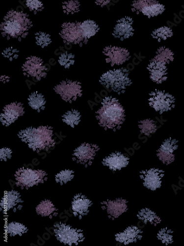 Painted buds of pink flowers on a black background. Drawing for packaging. Abstract flowers drawn in a chaotic manner.