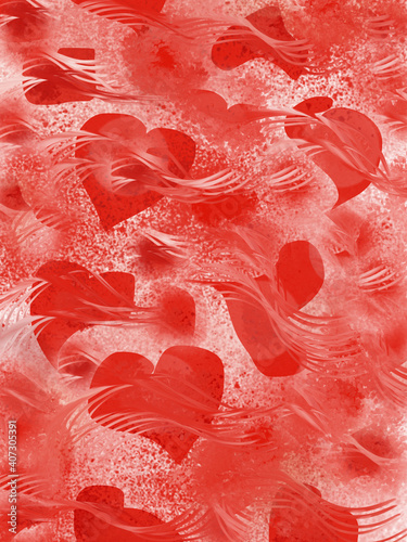 Red hearts and drops on a white background. Illustration for print. Drawing for gift paper for Valentine's Day.
