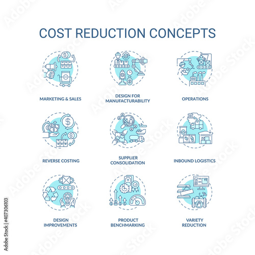 Value chain components light blue concept icons set. Reducing unnecessary costs. Company optimization idea thin line RGB color illustrations. Vector isolated outline drawings. Editable stroke