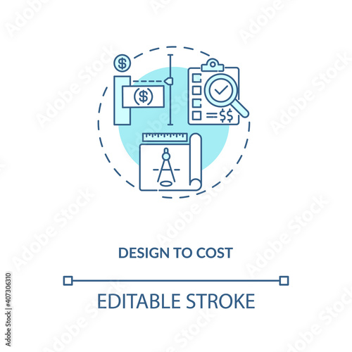 Design to cost concept icon. Cost reduction strategy idea thin line illustration. Service quality improving. Increase product quality. Vector isolated outline RGB color drawing. Editable stroke