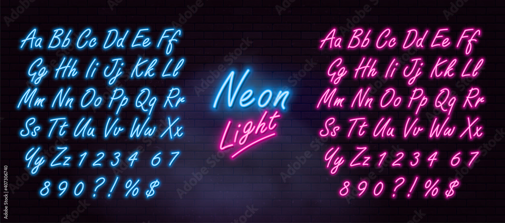 Obraz premium Realistic neon alphabet on dark brick wall and smoke background. Vector illustration
