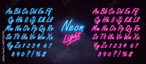 Realistic neon alphabet on dark brick wall and smoke background. Vector illustration