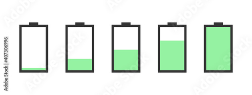 Battery charge indicator icons. Battery vector icon set with charge level indicators. Vector illustration