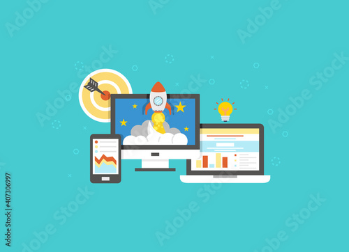 Flat design vector illustration infographic concept with icons set of gamification strategy in business, new trend in social media marketing and industry innovation.