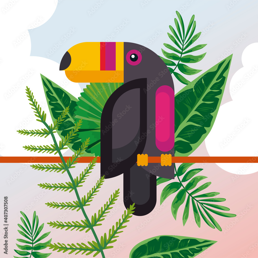 Fototapeta premium wild toucan bird animal exotic character with leafs