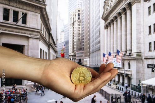 Golden Bitcoin Coin and mound of gold. Bitcoin cryptocurrency. Business concept.